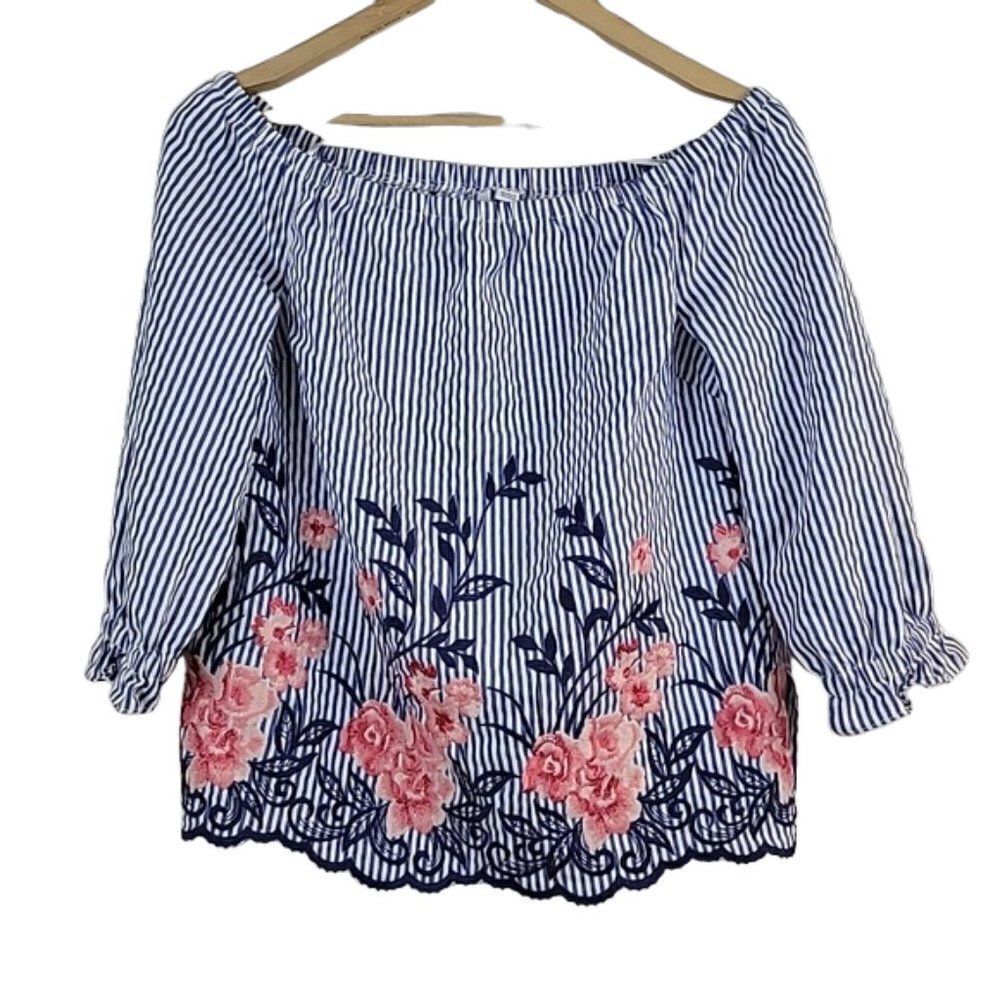 ELLE, Off Shoulder Embroidered Stripe Top_Size Small